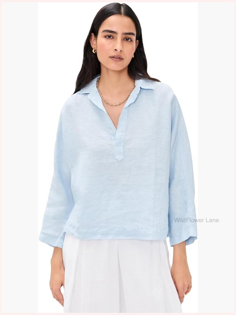 Linen Popover Collared Button Down Shirt 3/4 Sleeve